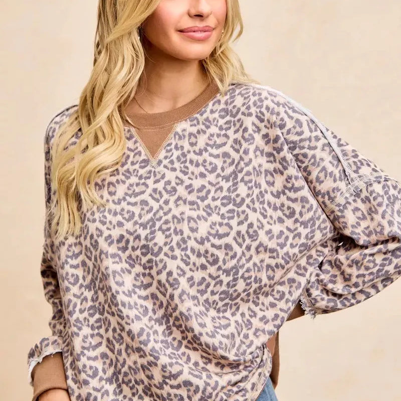 BiBi Leopard Lounge Animal Print French Terry Sweatshirt-Women's Shirts & Tops-Shop Z & Joxa