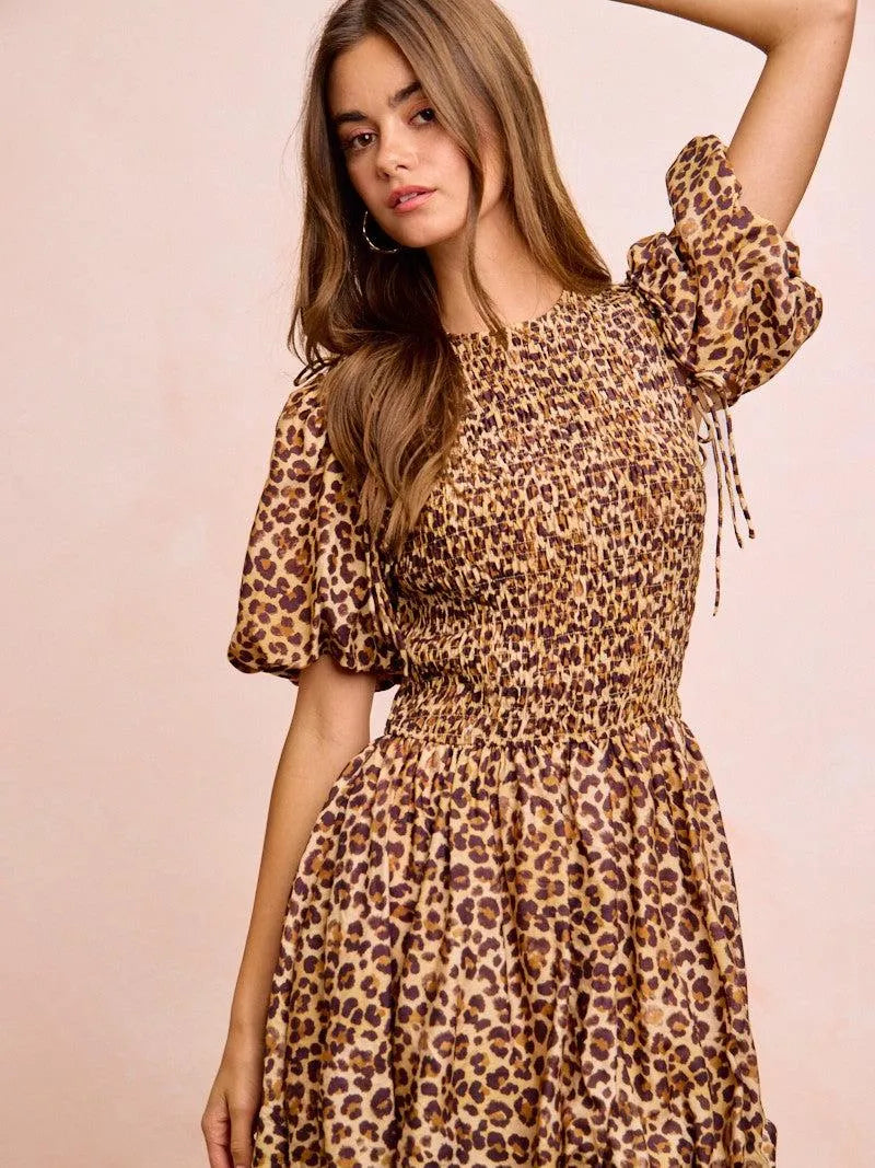 BiBi Leopard Luxe Bow Tie Attachable Puff Sleeves Dress-Women's Dresses-Shop Z & Joxa