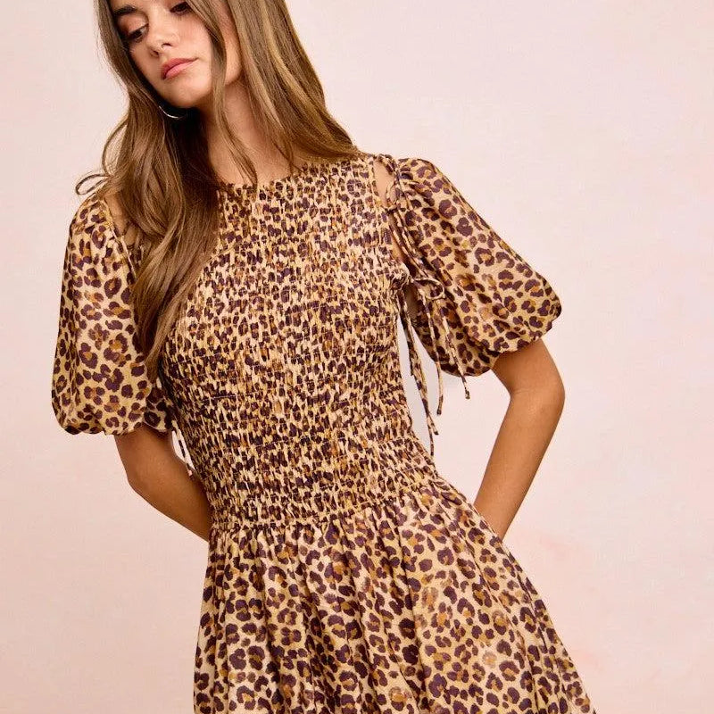 BiBi Leopard Luxe Bow Tie Attachable Puff Sleeves Dress-Women's Dresses-Shop Z & Joxa