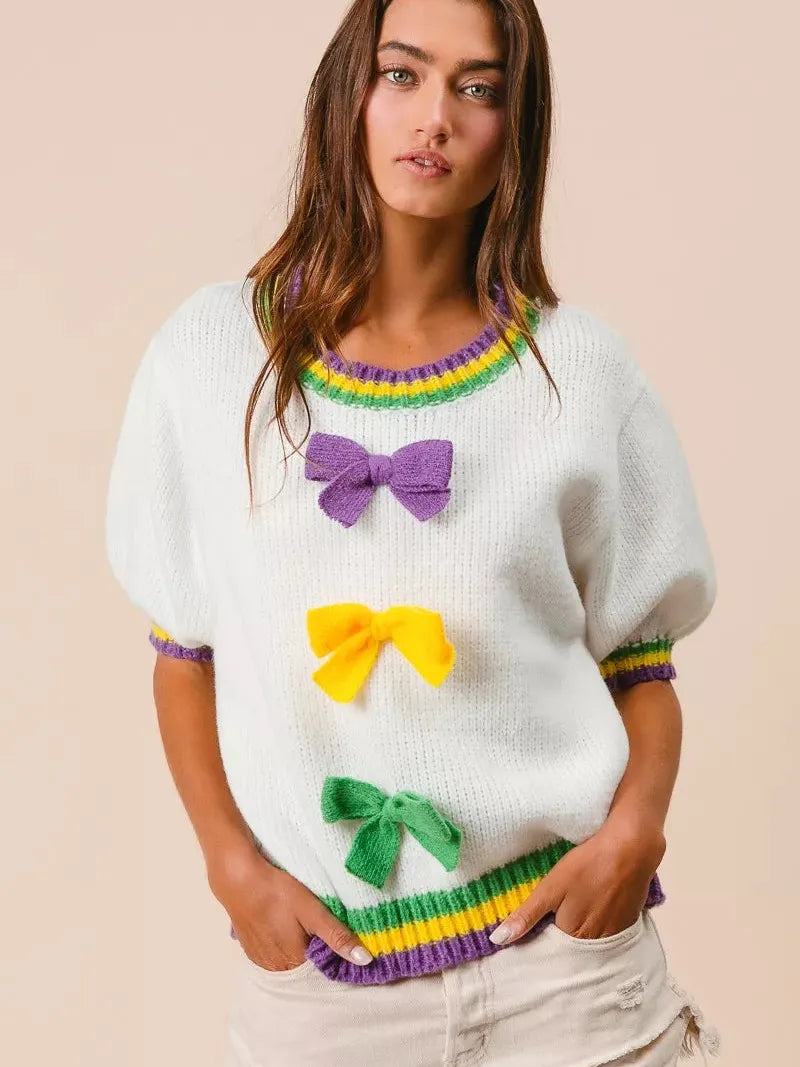 BiBi Let the Good Times Bow Mardi Gras Puff Sleeve Sweater-Women's Shirts & Tops-Shop Z & Joxa