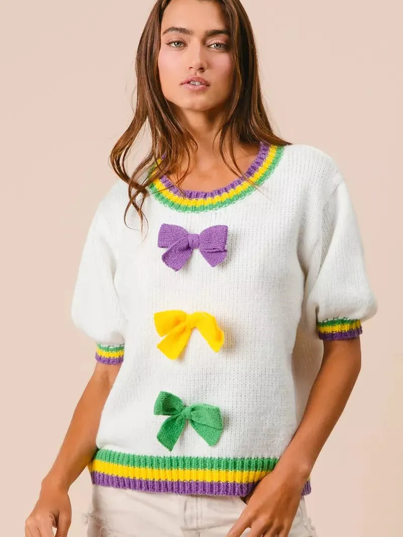 BiBi Let the Good Times Bow Mardi Gras Puff Sleeve Sweater-Women's Shirts & Tops-Shop Z & Joxa