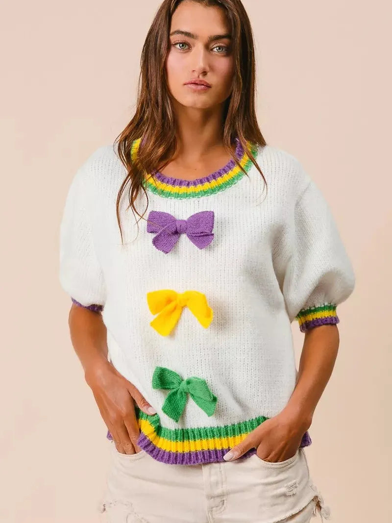 BiBi Let the Good Times Bow Mardi Gras Puff Sleeve Sweater-Women's Shirts & Tops-Shop Z & Joxa