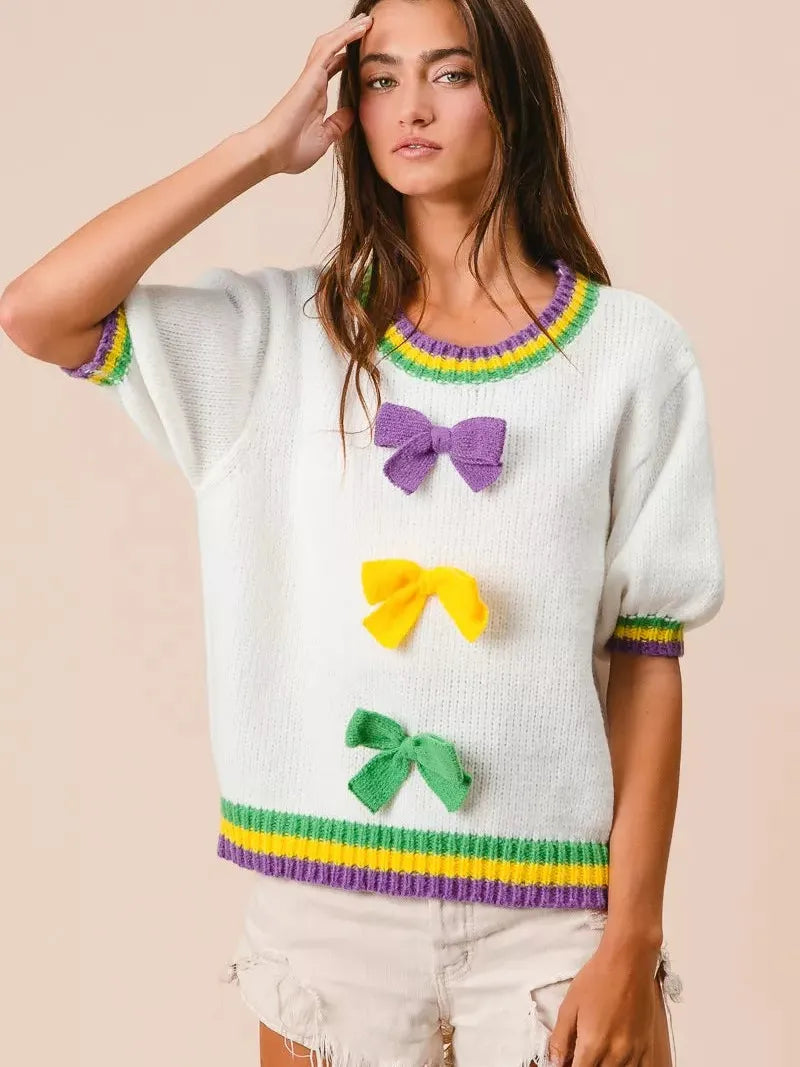 BiBi Let the Good Times Bow Mardi Gras Puff Sleeve Sweater-Women's Shirts & Tops-Shop Z & Joxa