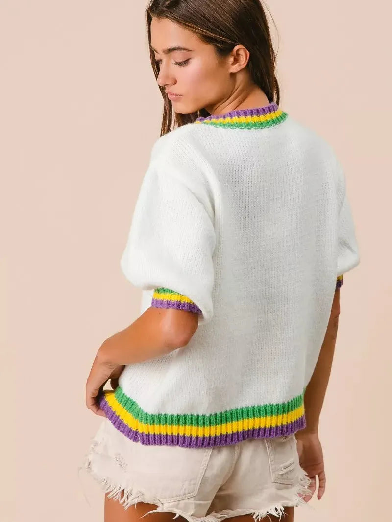 BiBi Let the Good Times Bow Mardi Gras Puff Sleeve Sweater-Women's Shirts & Tops-Shop Z & Joxa