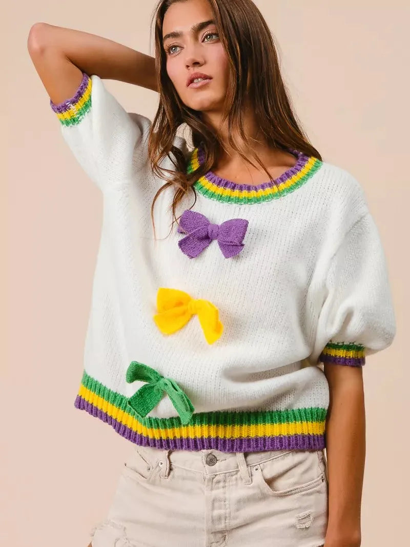 BiBi Let the Good Times Bow Mardi Gras Puff Sleeve Sweater-Women's Shirts & Tops-Shop Z & Joxa