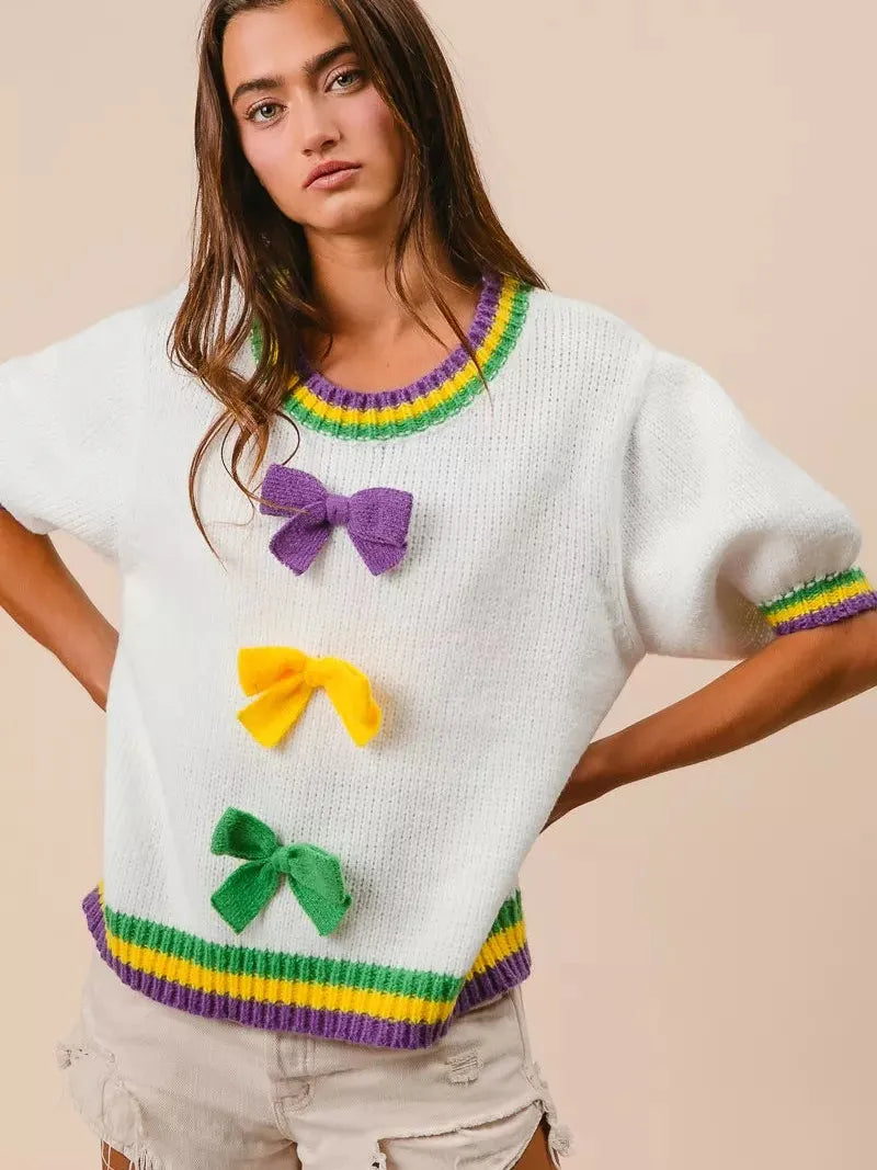 BiBi Let the Good Times Bow Mardi Gras Puff Sleeve Sweater-Women's Shirts & Tops-Shop Z & Joxa