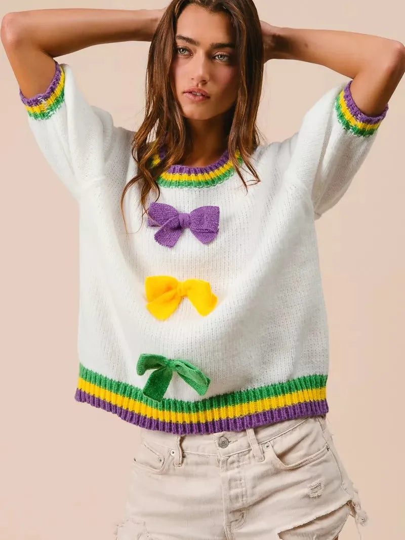 BiBi Let the Good Times Bow Mardi Gras Puff Sleeve Sweater-Women's Shirts & Tops-Shop Z & Joxa