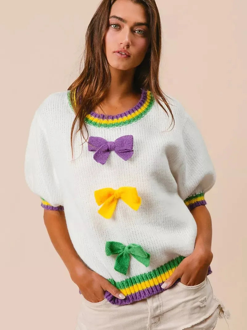 BiBi Let the Good Times Bow Mardi Gras Puff Sleeve Sweater-Women's Shirts & Tops-Shop Z & Joxa