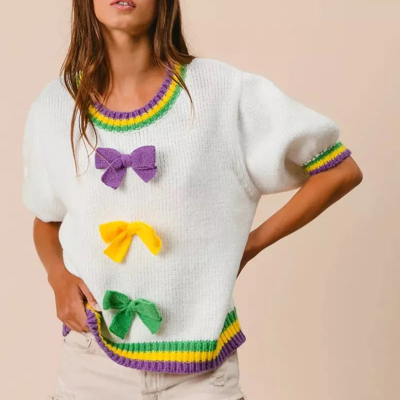 BiBi Let the Good Times Bow Mardi Gras Puff Sleeve Sweater-Women's Shirts & Tops-Shop Z & Joxa