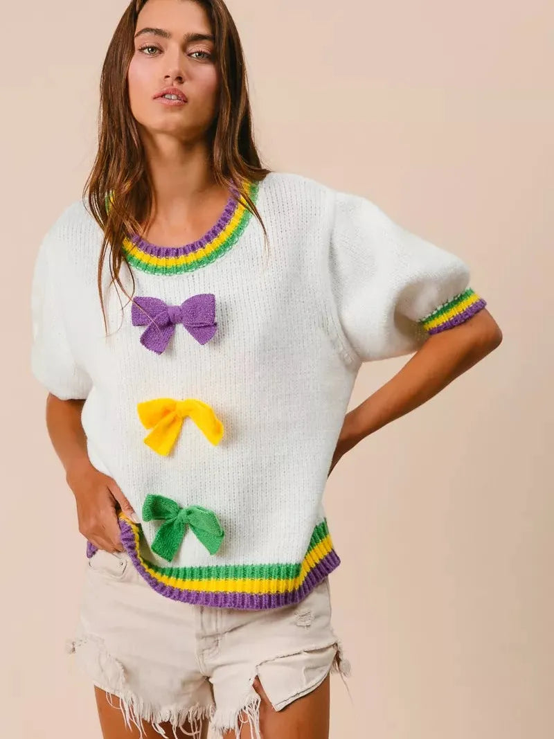 BiBi Let the Good Times Bow Mardi Gras Puff Sleeve Sweater-Women's Shirts & Tops-Shop Z & Joxa