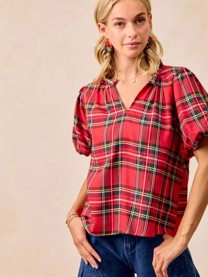 BiBi Merry & Plaid Festive Plaid Short Sleeve Ruffled Blouse-Women's Shirts & Tops-Shop Z & Joxa