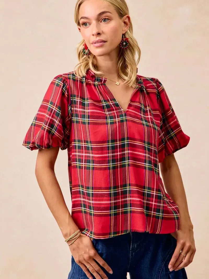 BiBi Merry & Plaid Festive Plaid Short Sleeve Ruffled Blouse-Women's Shirts & Tops-Shop Z & Joxa
