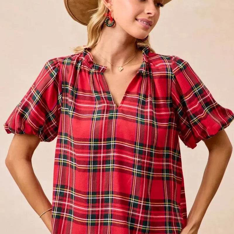 BiBi Merry & Plaid Festive Plaid Short Sleeve Ruffled Blouse-Women's Shirts & Tops-Shop Z & Joxa