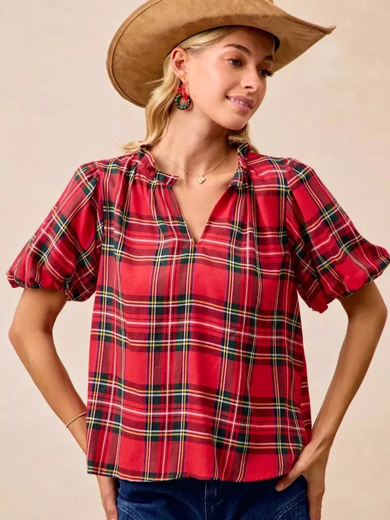 BiBi Merry & Plaid Festive Plaid Short Sleeve Ruffled Blouse-Women's Shirts & Tops-Shop Z & Joxa