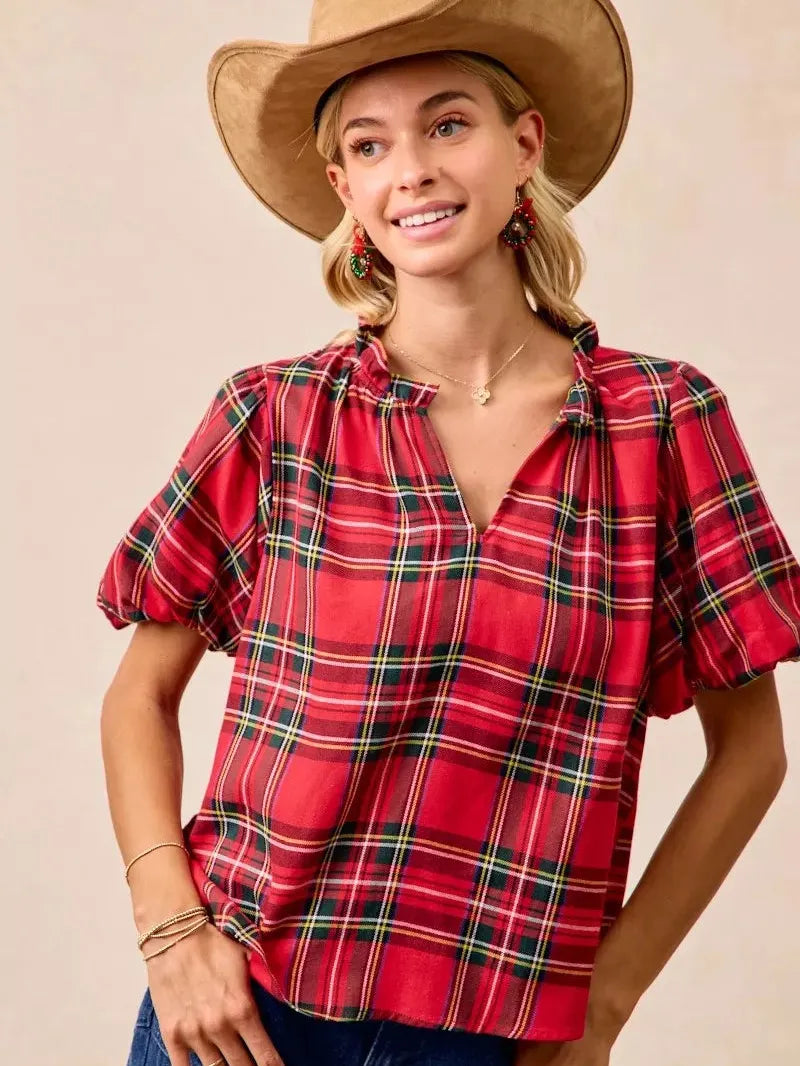 BiBi Merry & Plaid Festive Plaid Short Sleeve Ruffled Blouse-Women's Shirts & Tops-Shop Z & Joxa