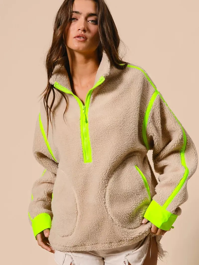 BiBi Neon Edge Half Zip Up Sherpa Jacket with Contrast Trim-Women's Outerwear-Shop Z & Joxa