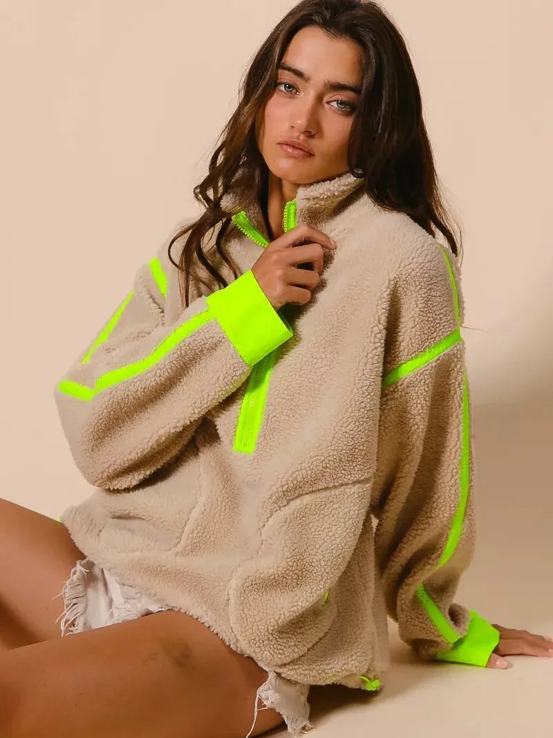 BiBi Neon Edge Half Zip Up Sherpa Jacket with Contrast Trim-Women's Outerwear-Shop Z & Joxa