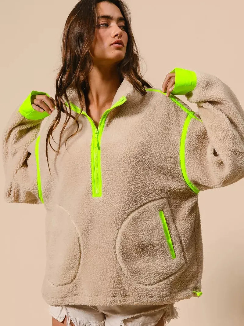 BiBi Neon Edge Half Zip Up Sherpa Jacket with Contrast Trim-Women's Outerwear-Shop Z & Joxa