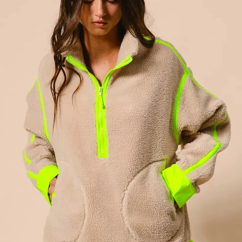 BiBi Neon Edge Half Zip Up Sherpa Jacket with Contrast Trim-Women's Outerwear-Shop Z & Joxa