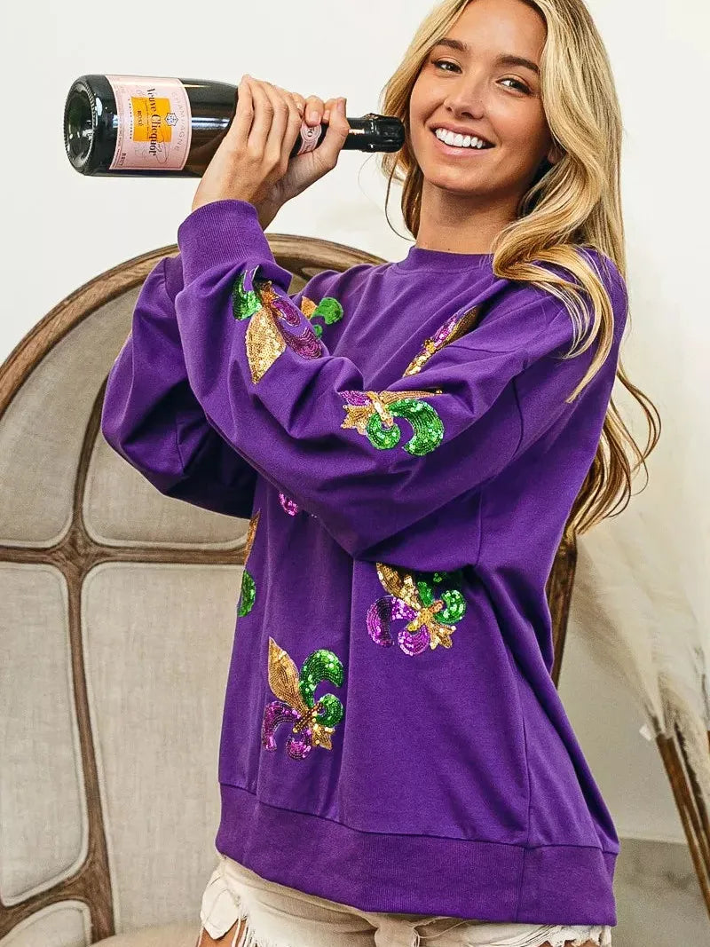 BiBi Parade Day Glam Sequin Fleur De Lis Patch Mardi Gras Sweatshirt-Women's Shirts & Tops-Shop Z & Joxa