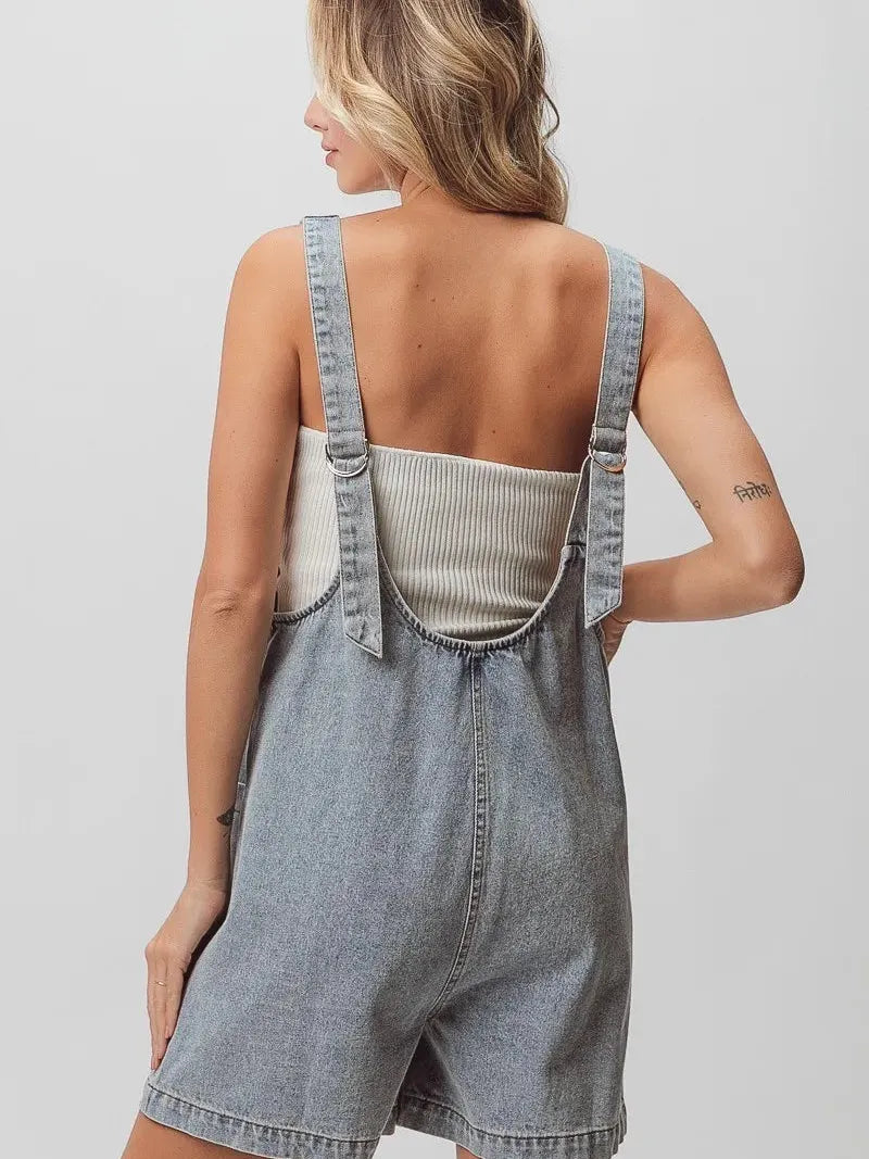 BiBi Patch Me If You Can Vintage Denim Shortall with Pockets in Light Denim-Women's Rompers-Shop Z & Joxa