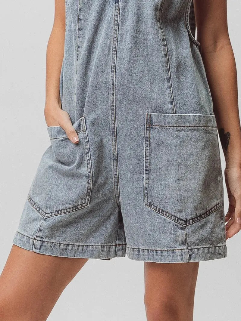 BiBi Patch Me If You Can Vintage Denim Shortall with Pockets in Light Denim-Women's Rompers-Shop Z & Joxa
