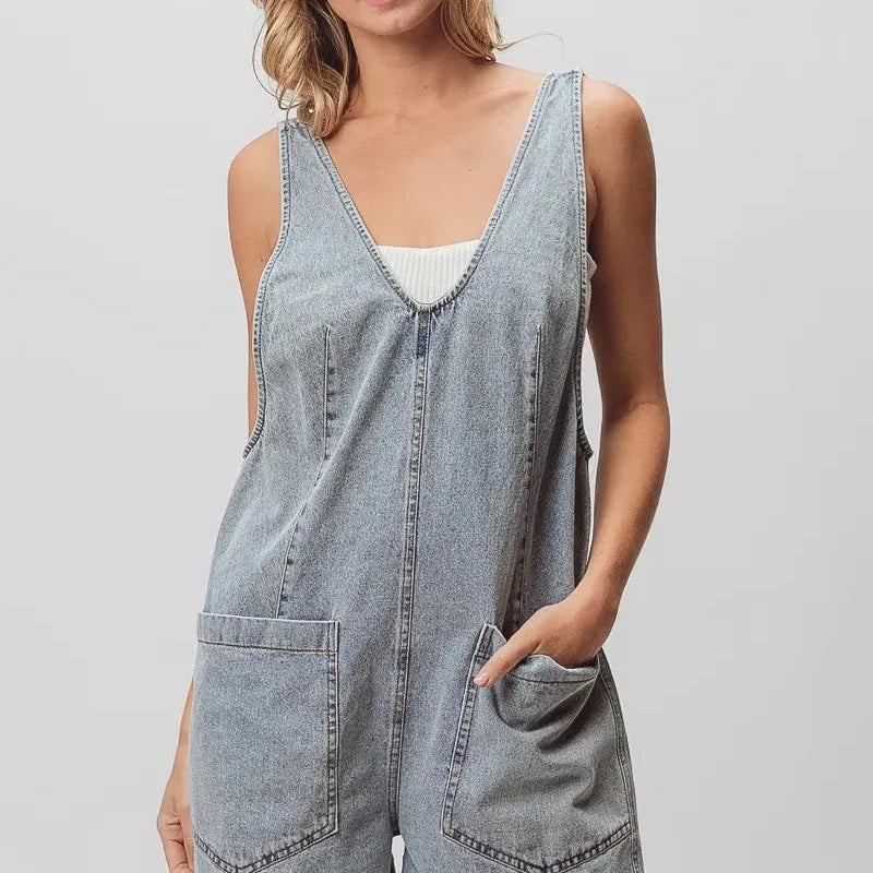 BiBi Patch Me If You Can Vintage Denim Shortall with Pockets in Light Denim-Women's Rompers-Shop Z & Joxa