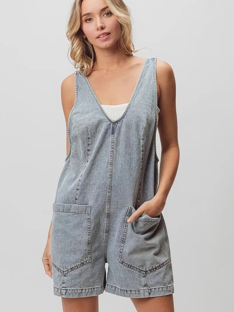 BiBi Patch Me If You Can Vintage Denim Shortall with Pockets in Light Denim-Women's Rompers-Shop Z & Joxa