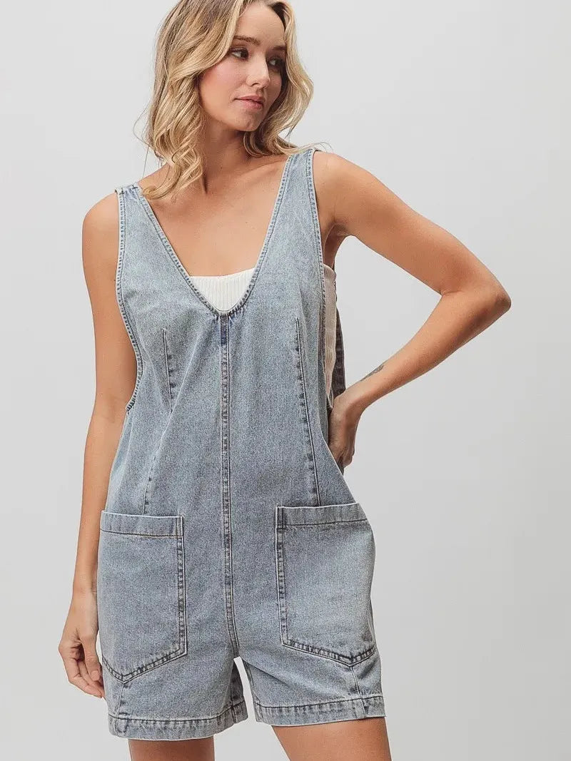 BiBi Patch Me If You Can Vintage Denim Shortall with Pockets in Light Denim-Women's Rompers-Shop Z & Joxa