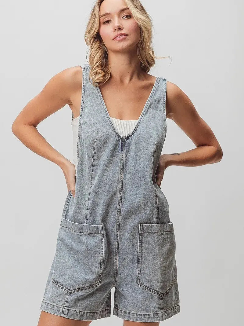 BiBi Patch Me If You Can Vintage Denim Shortall with Pockets in Light Denim-Women's Rompers-Shop Z & Joxa