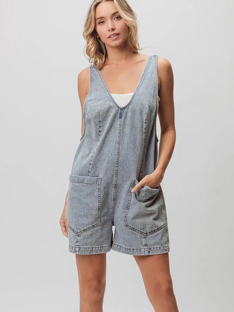 BiBi Patch Me If You Can Vintage Denim Shortall with Pockets in Light Denim-Women's Rompers-Shop Z & Joxa