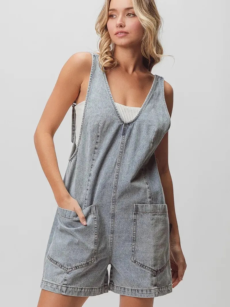 BiBi Patch Me If You Can Vintage Denim Shortall with Pockets in Light Denim-Women's Rompers-Shop Z & Joxa