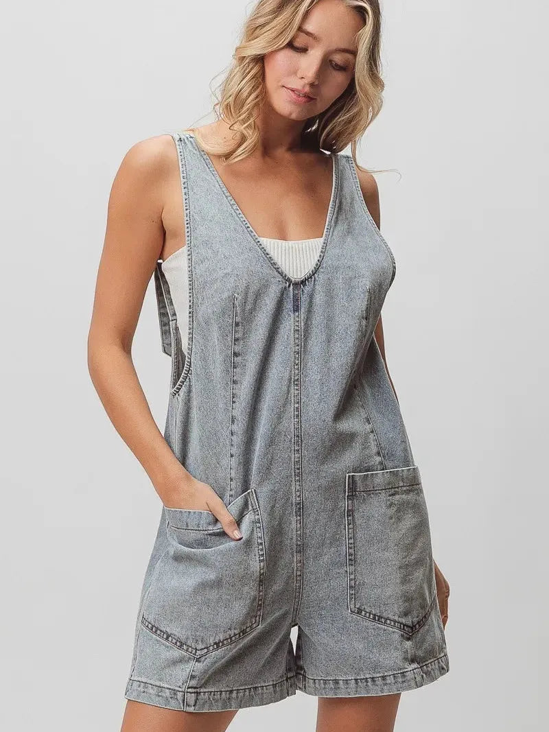 BiBi Patch Me If You Can Vintage Denim Shortall with Pockets in Light Denim-Women's Rompers-Shop Z & Joxa