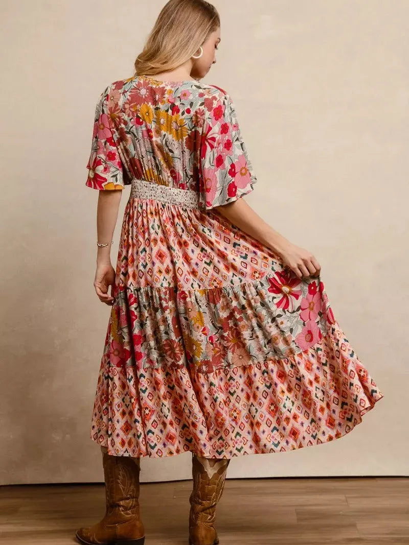 BiBi Patchwork Petals Floral Print Tiered Midi Dress-Women's Dresses-Shop Z & Joxa