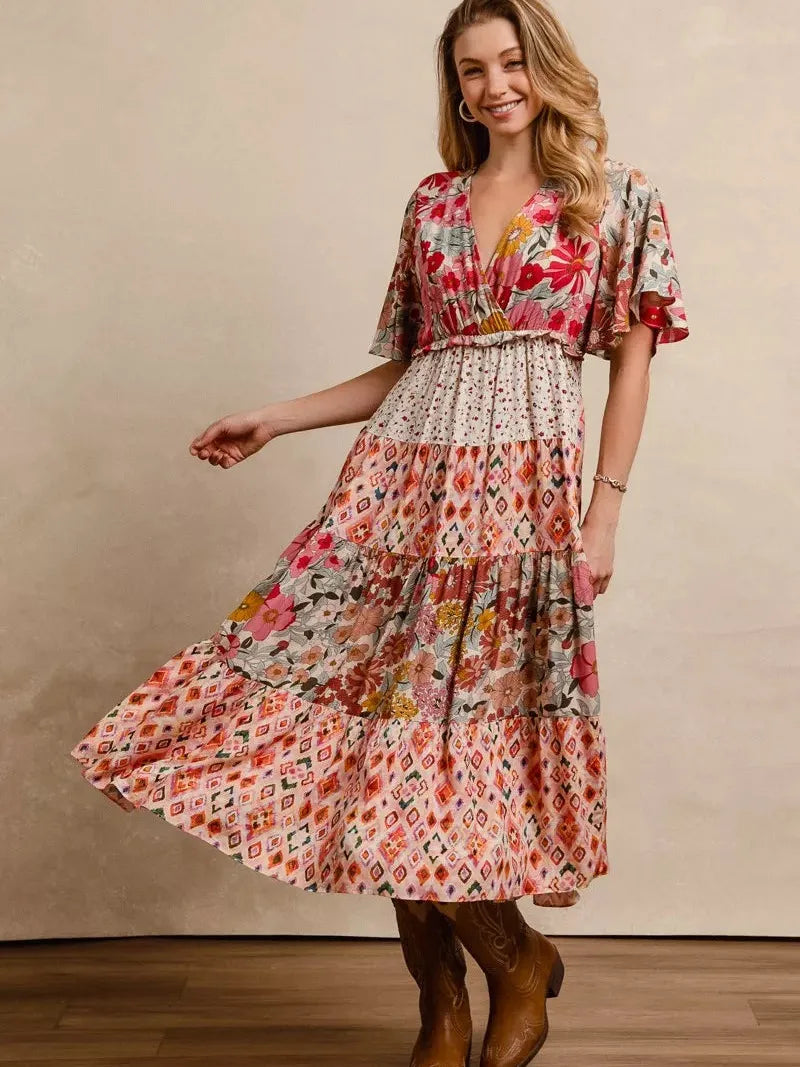 BiBi Patchwork Petals Floral Print Tiered Midi Dress-Women's Dresses-Shop Z & Joxa