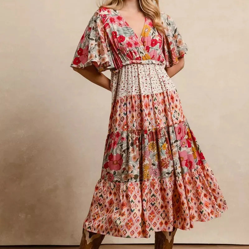 BiBi Patchwork Petals Floral Print Tiered Midi Dress-Women's Dresses-Shop Z & Joxa