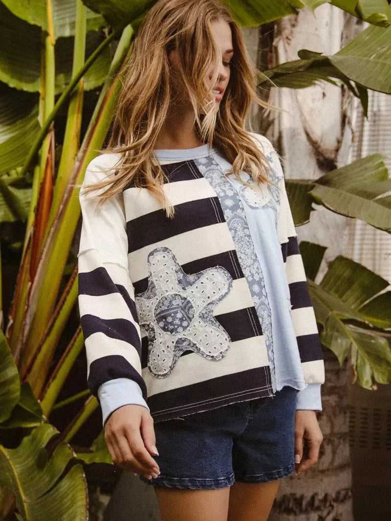 BiBi Patchwork Pulse Striped Floral Long Sleeve Sweatshirt-Women's Shirts & Tops-Shop Z & Joxa