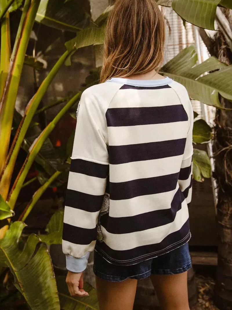 BiBi Patchwork Pulse Striped Floral Long Sleeve Sweatshirt-Women's Shirts & Tops-Shop Z & Joxa