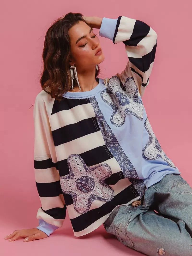 BiBi Patchwork Pulse Striped Floral Long Sleeve Sweatshirt-Women's Shirts & Tops-Shop Z & Joxa