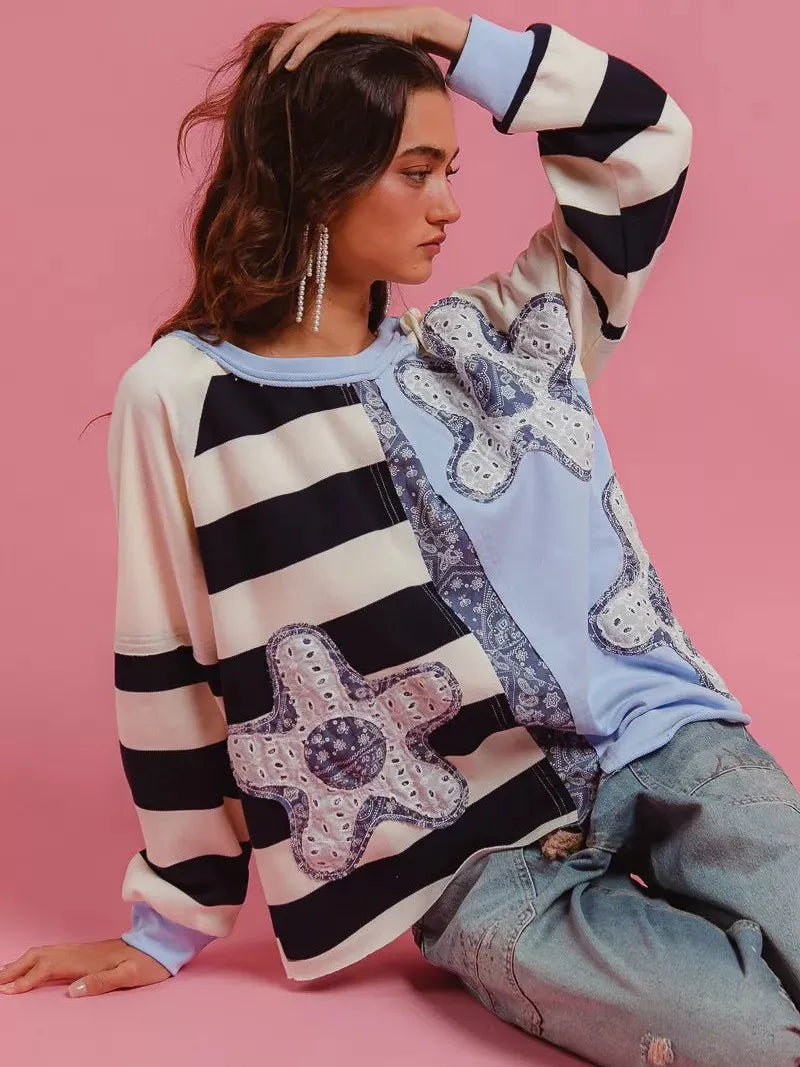 BiBi Patchwork Pulse Striped Floral Long Sleeve Sweatshirt-Women's Shirts & Tops-Shop Z & Joxa