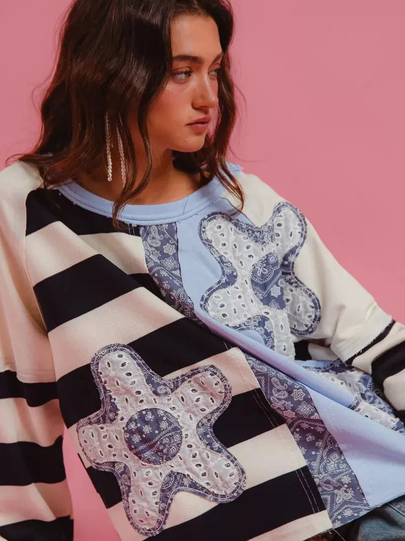 BiBi Patchwork Pulse Striped Floral Long Sleeve Sweatshirt-Women's Shirts & Tops-Shop Z & Joxa