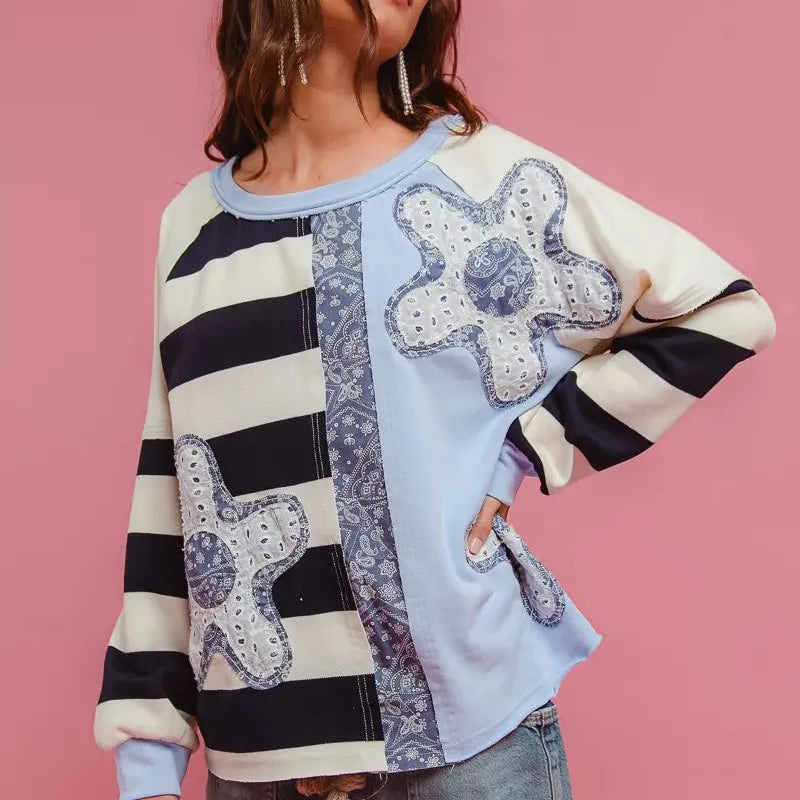 BiBi Patchwork Pulse Striped Floral Long Sleeve Sweatshirt-Women's Shirts & Tops-Shop Z & Joxa