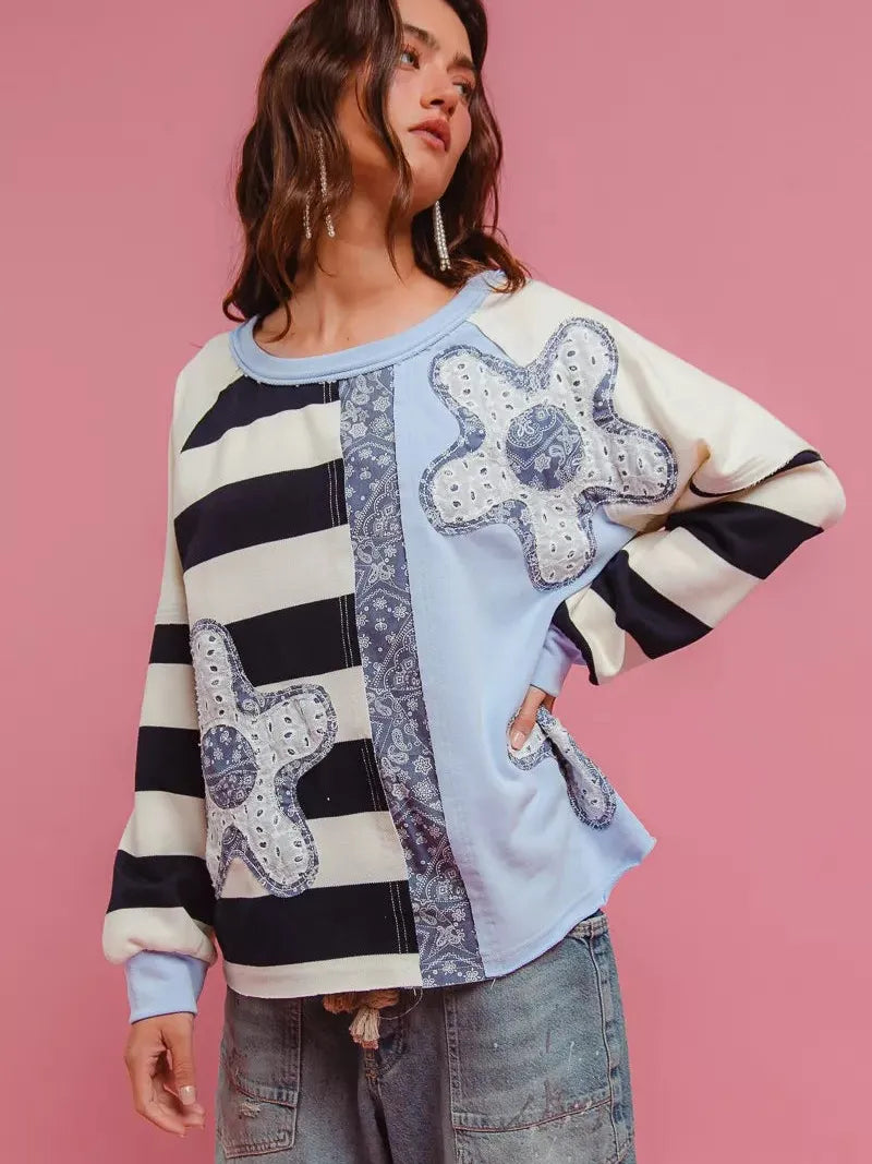 BiBi Patchwork Pulse Striped Floral Long Sleeve Sweatshirt-Women's Shirts & Tops-Shop Z & Joxa
