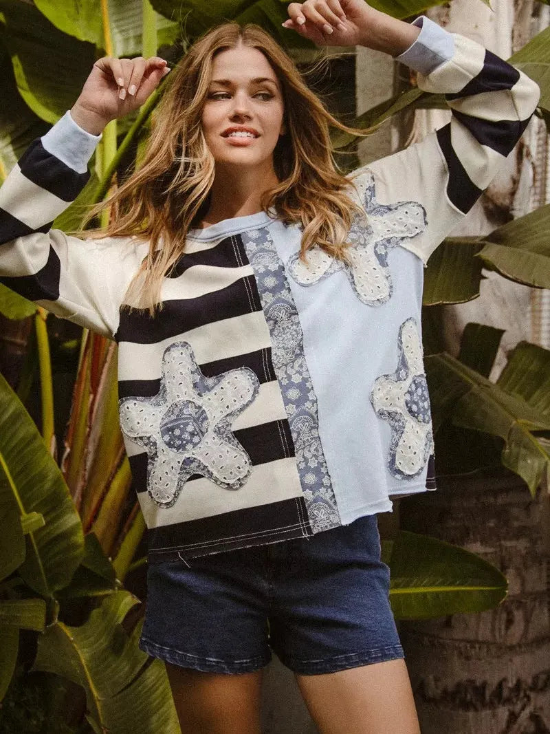 BiBi Patchwork Pulse Striped Floral Long Sleeve Sweatshirt-Women's Shirts & Tops-Shop Z & Joxa