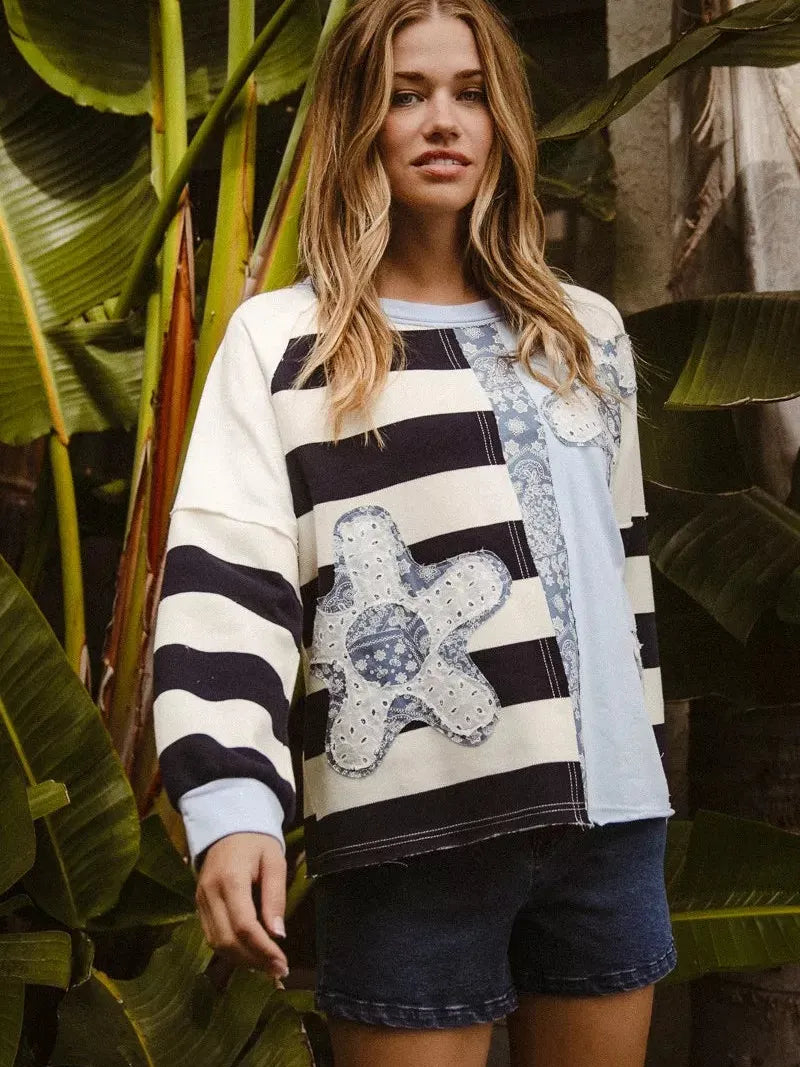 BiBi Patchwork Pulse Striped Floral Long Sleeve Sweatshirt-Women's Shirts & Tops-Shop Z & Joxa