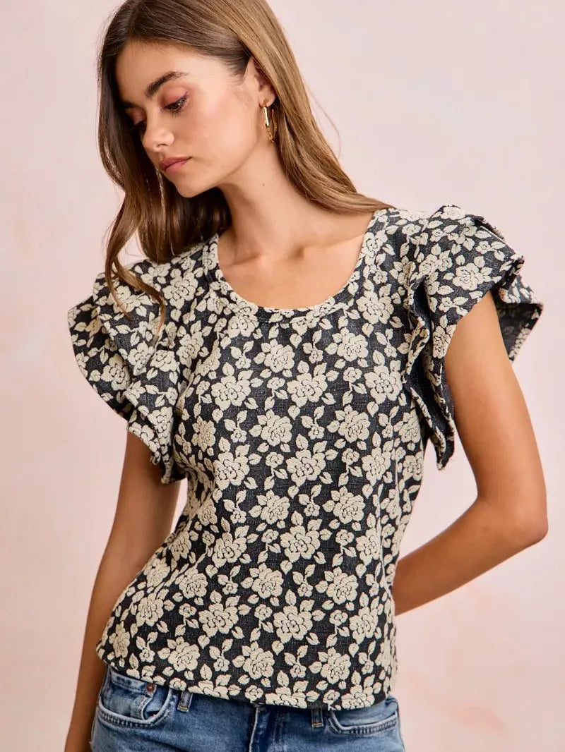 BiBi Petal Please Black Floral Ruffle Sleeves Knit Top-Women's Shirts & Tops-Shop Z & Joxa
