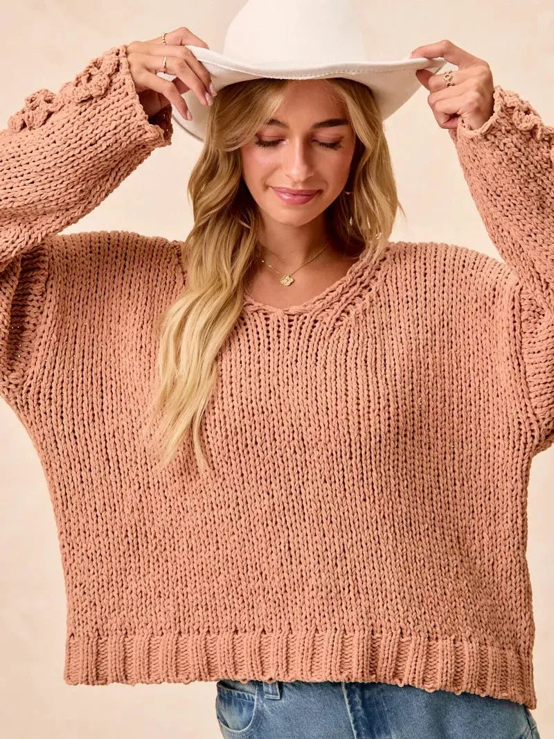 BiBi Petal Purl Chunky Knit Sweater with Flower Detail Sleeves-Women's Shirts & Tops-Shop Z & Joxa