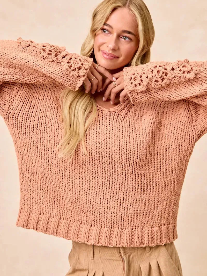 BiBi Petal Purl Chunky Knit Sweater with Flower Detail Sleeves-Women's Shirts & Tops-Shop Z & Joxa