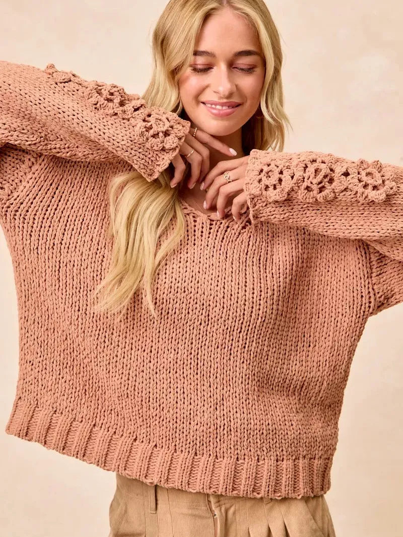 BiBi Petal Purl Chunky Knit Sweater with Flower Detail Sleeves-Women's Shirts & Tops-Shop Z & Joxa
