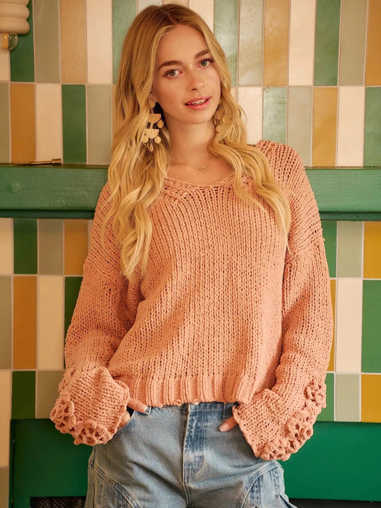 BiBi Petal Purl Chunky Knit Sweater with Flower Detail Sleeves-Women's Shirts & Tops-Shop Z & Joxa